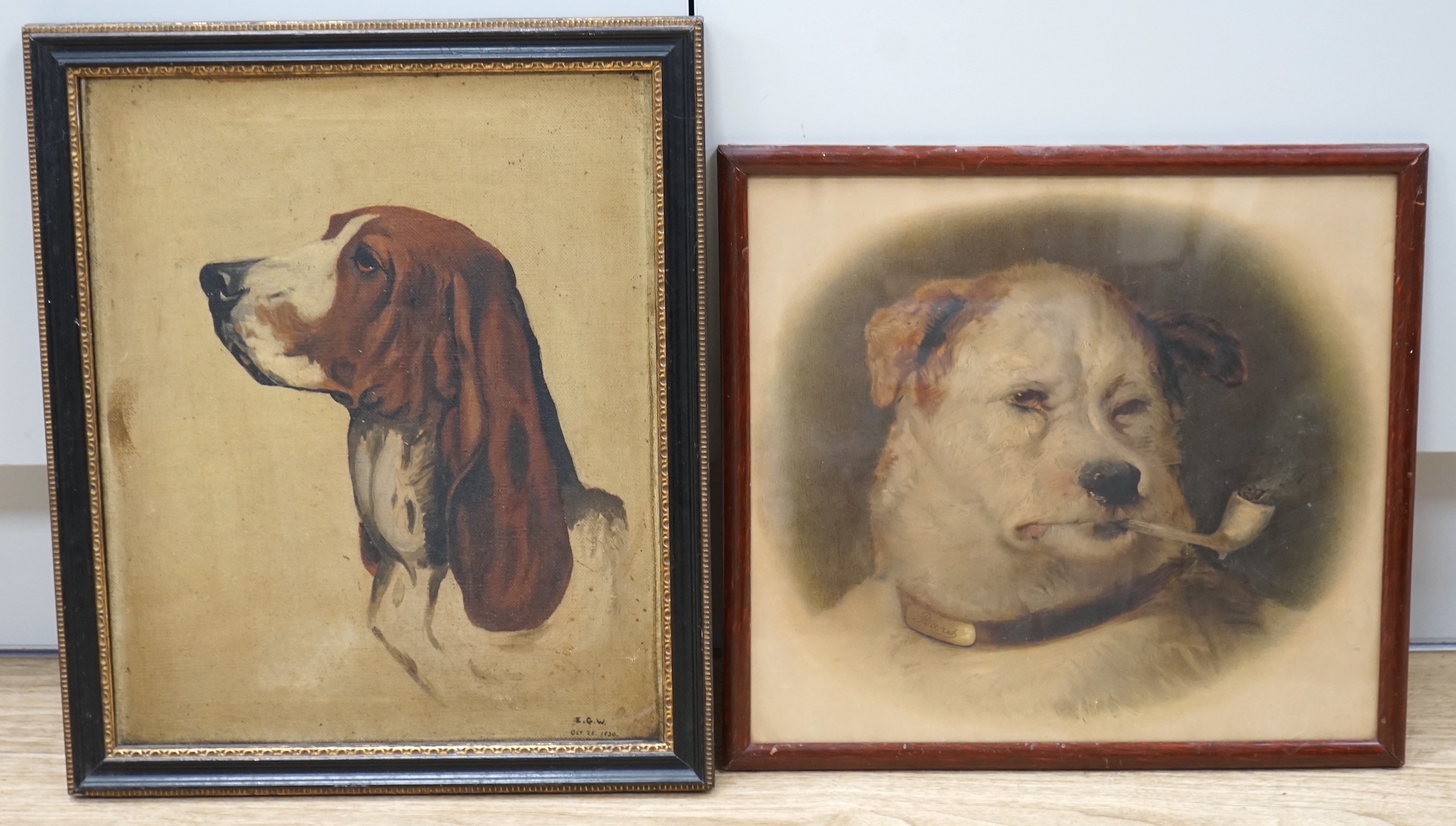 EGW 1930, oil on canvas, Study of a hound's head, initialled and dated, 37 x 30cm and a Pears chromolithograph of a dog smoking a pipe